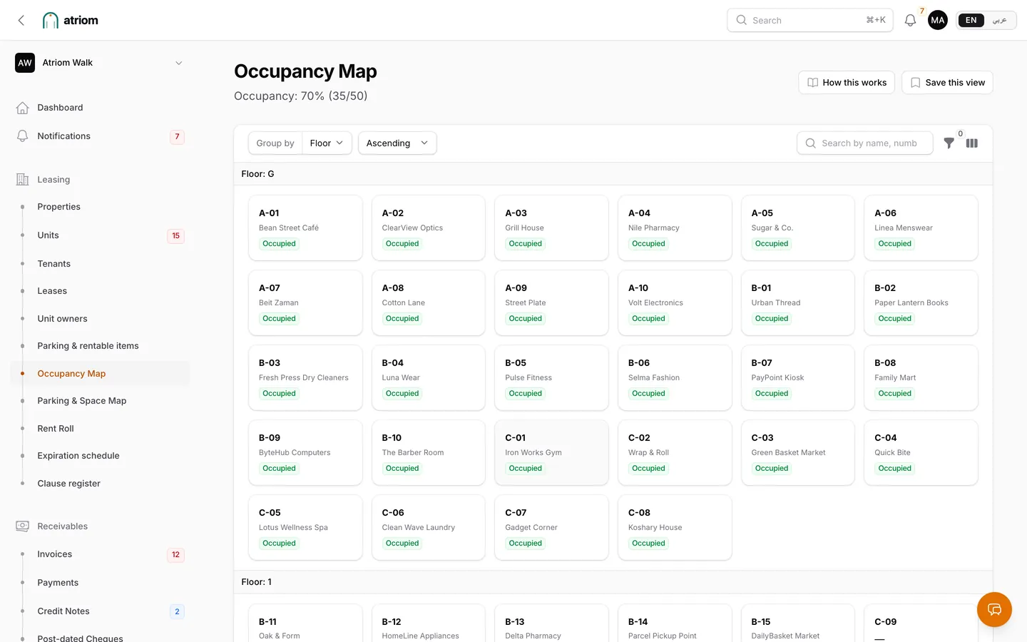 Atriom occupancy map: every unit on the ground floor with its tenant and status