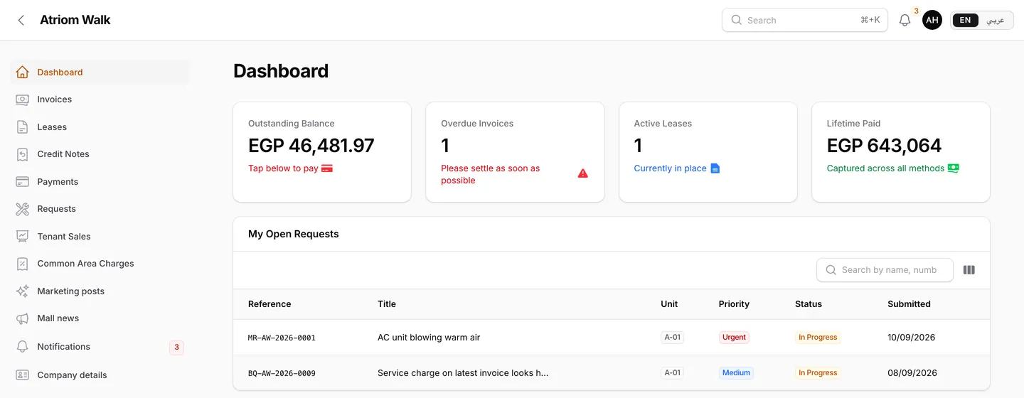Atriom tenant portal: outstanding balance, overdue invoices, active leases and open requests